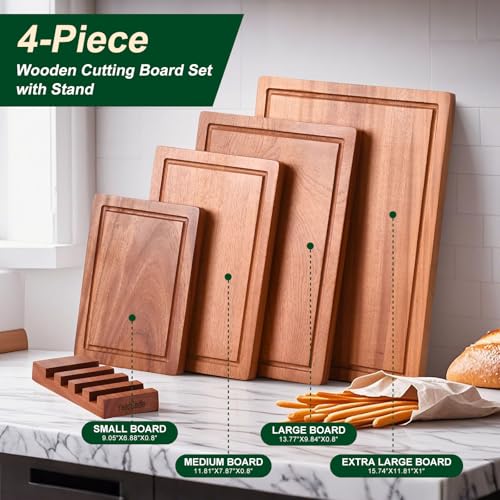Wooden Cutting Board Set of 4 with Holder Solid Wood Chopping Boards for Kitchen with Juice Grooves Thick Large Cutting Board (15.7"L x 11.8"W)