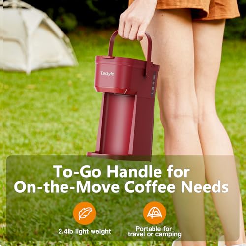 Mini Single Serve Coffee Maker for K Cups and Grounds with Handle (Vintage Red)