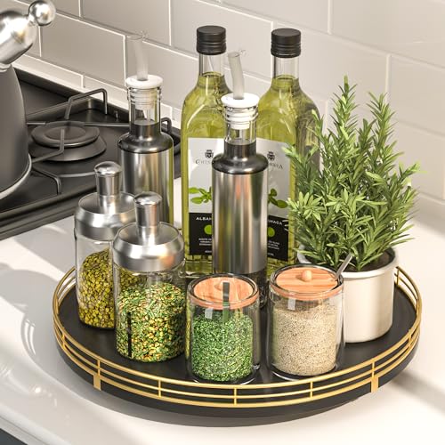 12 Inch Oak Lazy Susan Spice Organizer with Gold Metal Rail (Gold Black / 12)