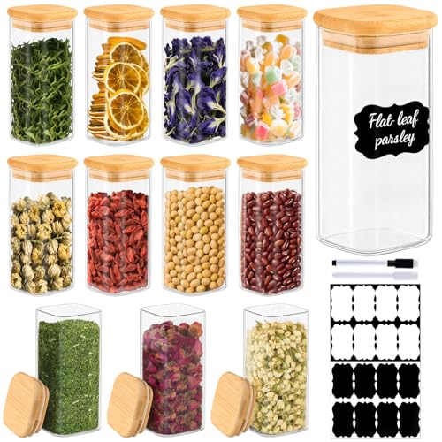 12 Pack 10 oz Square Glass Spice Jars with Lids and Labels (12PCS / 10oz)