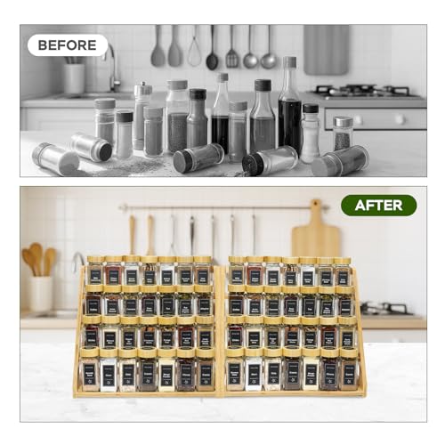 4Tier Bamboo Spice Rack Organizer with 28 Glass Spice Jars Empty 4 oz Jars