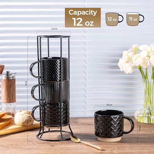 12 OZ Stackable Coffee Mugs Set of 4 (Black / 12oz (With Stand))