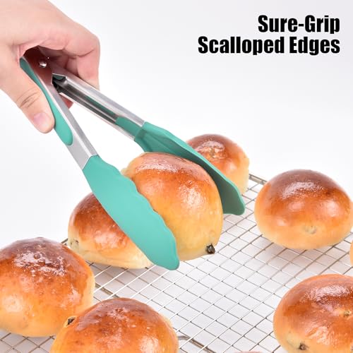 Kitchen Tongs with Silicone Tips for Cooking Serving (7in / Aqua Sky)