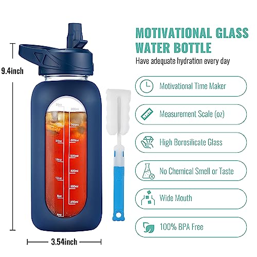 32 oz Glass Water Bottle with Straw (.Navy / 32 Ounces)