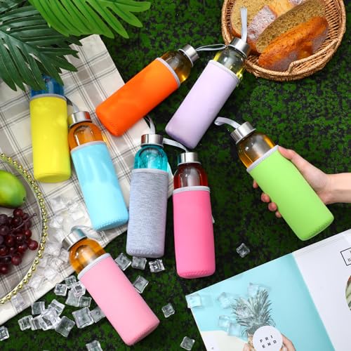 12 Pack Glass Water Bottles with Sleeves (Stylish / Colorful)