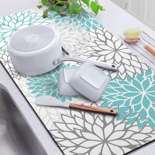 2Pcs Dish Drying Mat & Sink Splash Guard (Teal / 17" X 32" + 24" X 5.5")