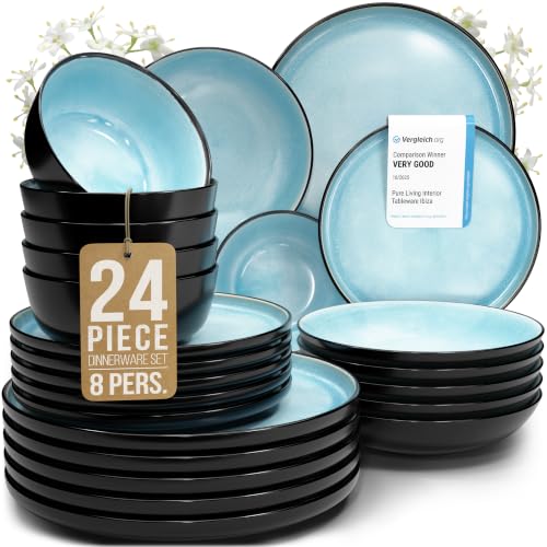 24 Piece Stoneware Dinnerware Set for 8 (Dark / Aquamarine / Set for 8 (24pcs))