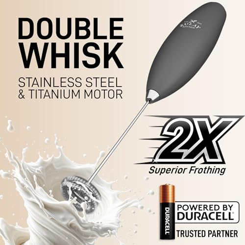 Powerful Milk Frother Wand With Duracell Batteries (Smoke Charcoal / Double Whisk + Batteries)
