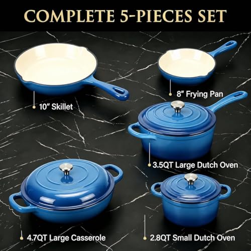 5 Piece Cobalt Blue Enameled Cast Iron Cookware Set (Blue E)