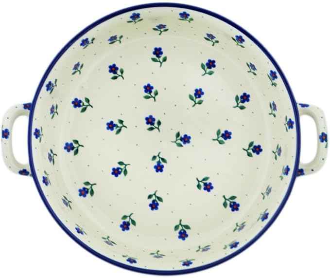 Polmedia Polish Pottery Round Baker with Handles 10-inch - Auntie Em Sapphire Pattern Handmade in Boleslawiec Poland by Ceramika Artystyczna + Certificate of Authenticity