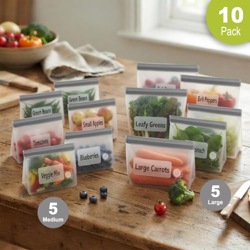 Reusable Food Storage Bags (10 Pack of 5 Large, 5 Medium Bags (Grey))