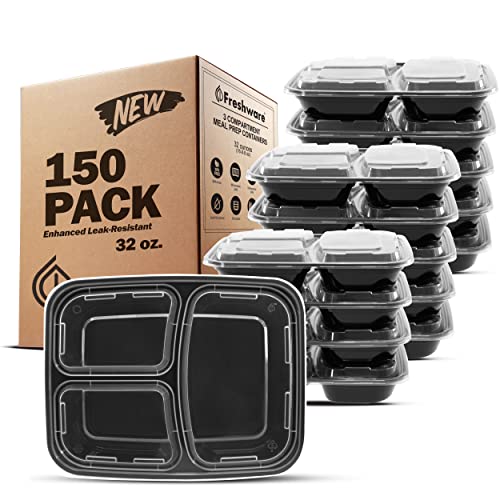 Meal Prep Containers [150 Pack] 3 Compartment Food Containers with Lids (32OZ-150PK)