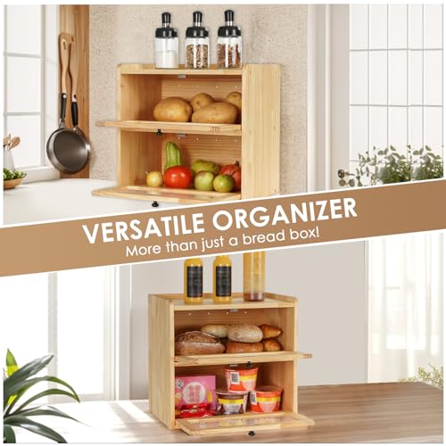 Bread Box for Kitchen Countertop Wooden Bread Storage Container Bin 2 Layer Breadbox Holder Large Capacity Keeper Vintage Farmhouse Food Organizer Pantry Shelf Acrylic Window（Wood color） (Yellow)