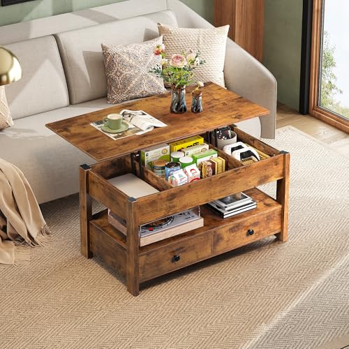 Lift Top Coffee Table with 2 Drawers (Rustic Oak / 39" with Drawer)