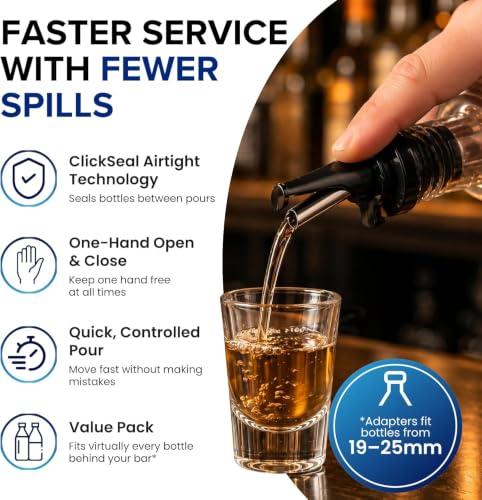 3-in-1 Liquor Pour Spout | Olive Oil Spout with Built-in Caps for Optimal Fly and Dust Protection - Dishwasher Safe, Hygienic Alcohol Speed Spouts - Black 2 PCs with 2 Adapters for Large Neck Bottles (Black2pk + 2 Adapters)