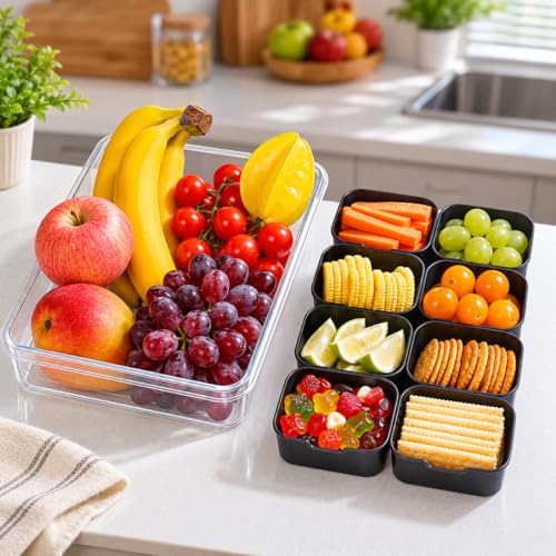 Divided Serving Tray with Lid and Handle (Black-1 Pack)