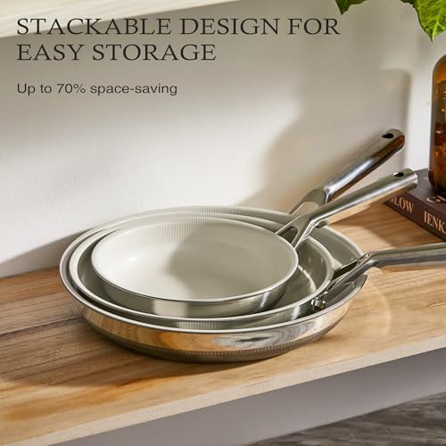 Non Stick Frying Pans Set (Beige White / 8-10-12 Inch)