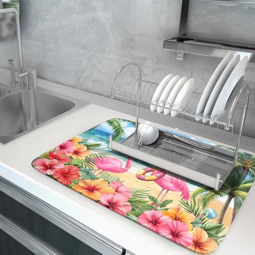 Summer Flamingos Dish Drying Mat 18x24 inch Tropical Beach Microfiber Washable Dish Rack Mats Drainer Pad for Counter Kitchen Table Decor (Summer Flamingos / 18" x 24")