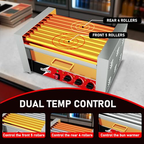 Hot Dog Roller 9 Rollers 24 Hot Dogs (9 Roller W/Cover &Bun Warmer)