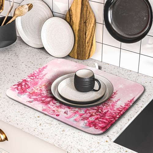 Pink Winter Dish Drying Mat Forest Washable Drying Matt Kitchen Counter Absorbent Coffee Mat for Women (Winter Forest Pink / 18" x 16")
