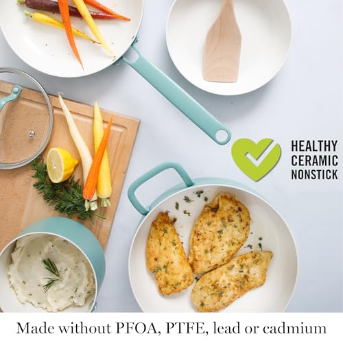 Emmeline Premium Nonstick PFA Free Ceramic Interior 12 Piece Heavy Gauge Enamel Aluminum Pots and Pans Cookware Set (12-Piece Cookware Set / Teal)