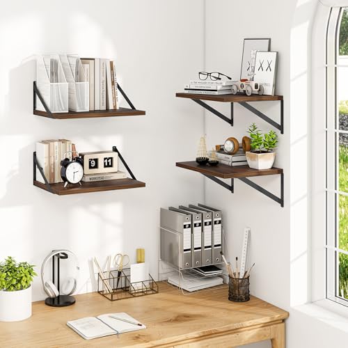 16W x 12D Deep Floating Shelves Set of 4 Natural (Walnut With Black Metal Bracket / 16Wx12Dx5.8H)