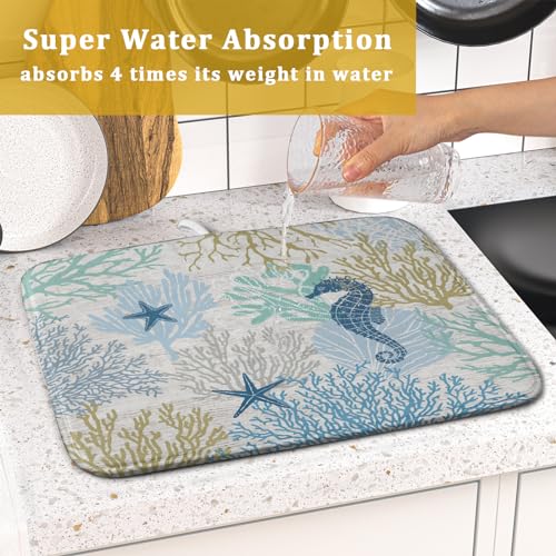 Blue Coral Dish Drying Mat Coastal Starfish Dishes Pad Hanging Drainer Mats Reversible Absorbent Kitchen Counter Protector 16x18 Inch (starfish coral / 16" x 18")