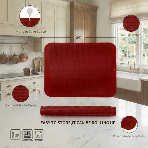 Silicone Dish Drying Mat for Multiple Usage (Red / 24"L x 18"W)