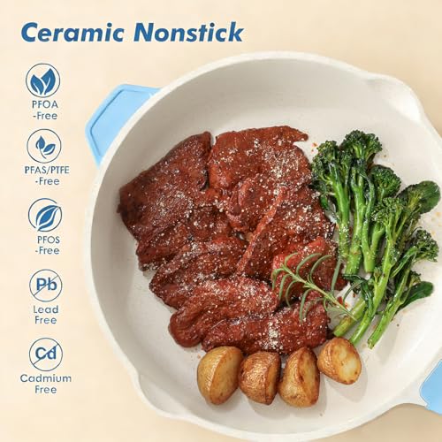 Nonstick Ceramic Skillet with Lid 12 (Glicer Blue / 12-inch/5QT)