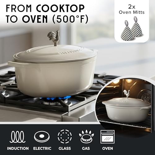 MUELLER HOME 5.5 Quart Enameled Cast Iron Oval Dutch Oven with Rooster Knob & Cotton Potholders (5.5 Quart -Oval / White)
