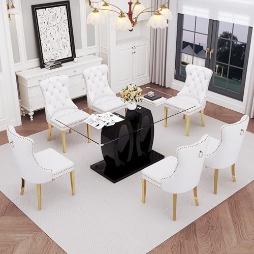 63" Glass Dining Table Set for 6 (Black Table & Gold White Chair / 7-Piece Set-Double O-Shaped Table)