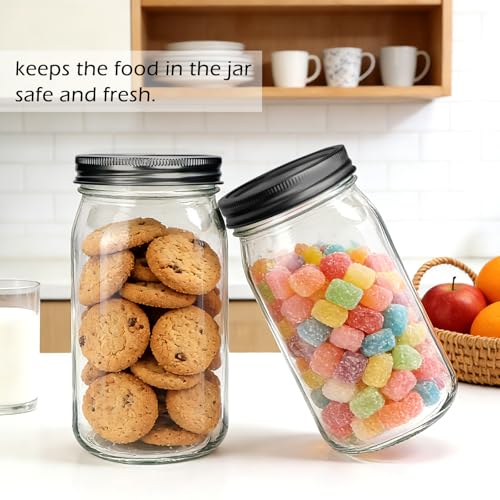 32oz Wide Mouth Mason Jars 12 Packs with Lids (32oz - Split Black Lid)
