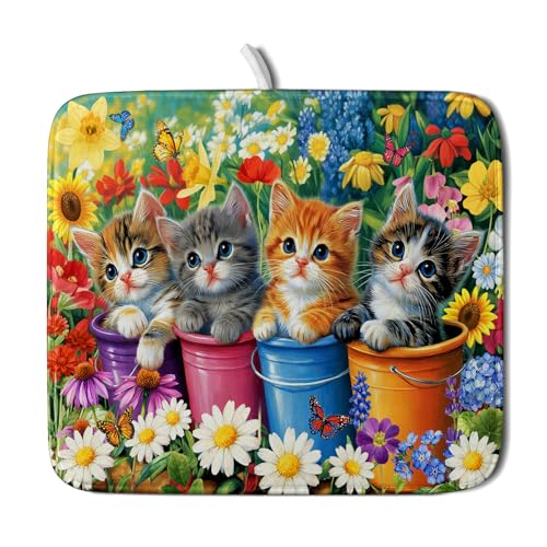 Funny Absorbent Dish Drying Mat Spring Cat Dish Drying Mats for Kitchen Counter Small (colorful Lovely Cat / 18" x 16")
