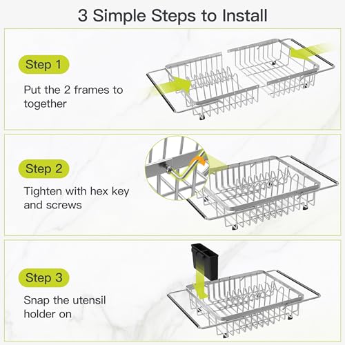 Expandable Dish Drying Rack Over the Sink with Utensil Holder (Silver / For 12.5"-30"w Sink, Expandable)