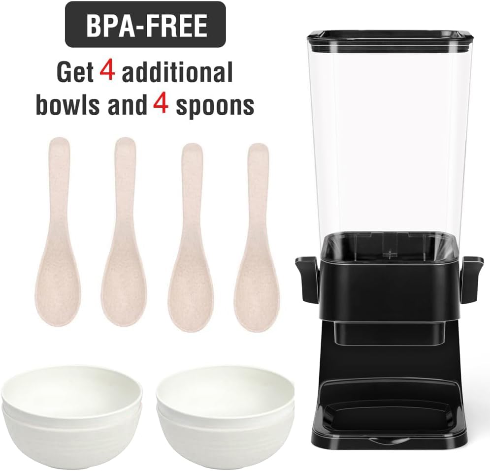 Cereal Dispenser Countertop with 4 Pack Bowls and Spoons 5.5 Qt (5.5Qt & Black & 2pack)