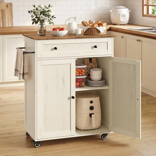 Mobile Kitchen Wooden Island Cart with Storage for Dining Room (Rustic White + Honey Brown / 15.8"D x 30.9"W x 35.1"H)