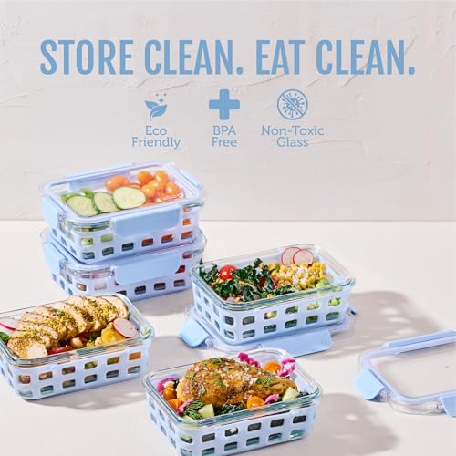 Duraglass 3.4 Cup Glass Meal Prep Containers (Halogen Blue with Sleeve / 3.4 Cup)