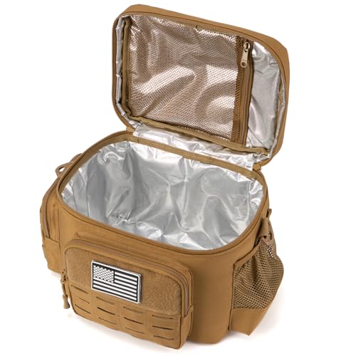 Tactical Lunch Bag for mens Military heavy duty lunch box work Leakproof insulated Durable Thermal Cooler Bag for Adult Meal for Office Camping Picnic Pail MOLLE Webbing Khaki