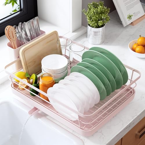 Dish Drying Rack for Kitchen Counter (Pink / 12''W x 15.5''L - 1 Tier)