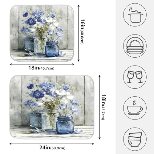 Vintage Blue White Flower Jars3 Dish Drying Mat for Kitchen Counter Absorbent Microfiber Large Drying Pad Dish mats for Kitchen Countertops 18 x 24 Inch (Vintage Flower Jars / 24" x 18")