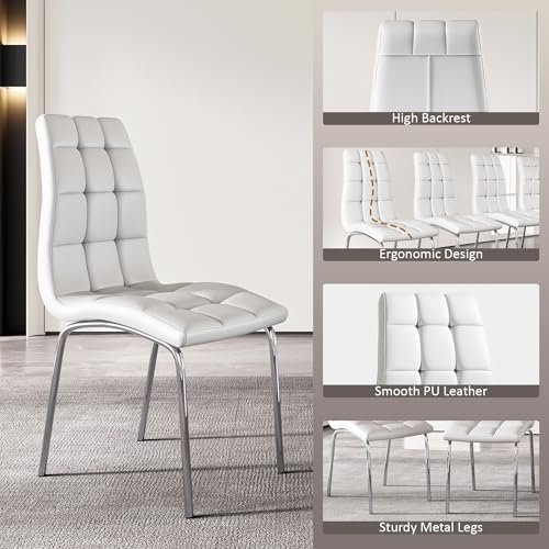 36” Square Glass Dining Table Set for 4 (Black Square Table/White Pu Chairs / 5 Pieces)