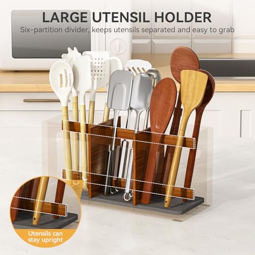 Bamboo Kitchen Utensil Holder with Drying Stone and 6 Compartments (Brown / Medium)
