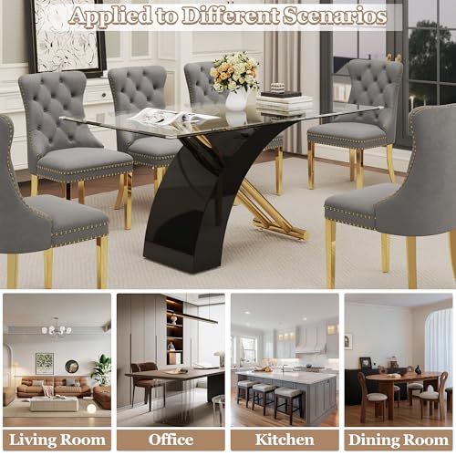 7 Piece Glass Dining Table Set for 6 (Black Table & Gold Grey Chair / 7-Piece Set-X-Shaped Table)