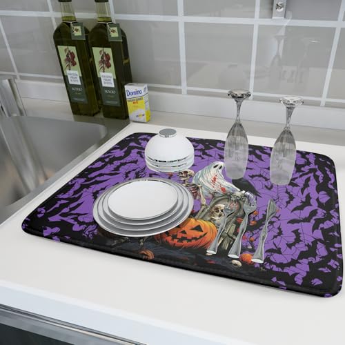 Halloween Pumpkin Dish Drying Mat 18x24 inch Spooky Ghost Bat Dish Rack Mats Microfiber Draining Pad Fast Dry Holiday Kitchen Accessories (Halloween Purple / 18x24 inch)