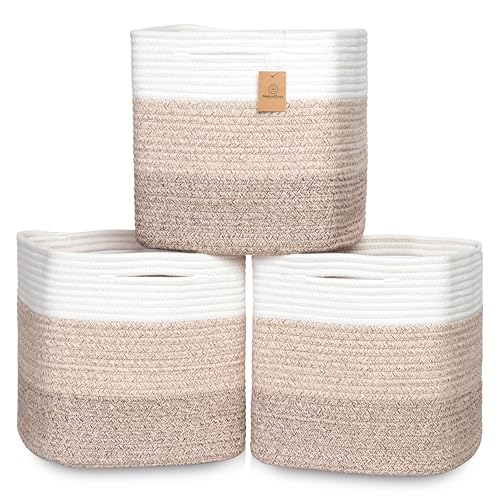 13 Inch Cube Storage Bins Cotton Rope Woven Baskets for Organizing 3 (3-Tone Brown / 13 x 13 x 13 (Standard))