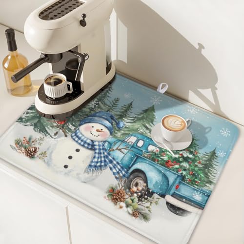 Winter Snowman Blue Dish Drying Mat Xmas Truck Dishes Pad 18"x24" Microfiber Absorbent Drainer Rack Mats Protector for Kitchen Counter Sink (Blue Snowman Truck / 18x24 inch)