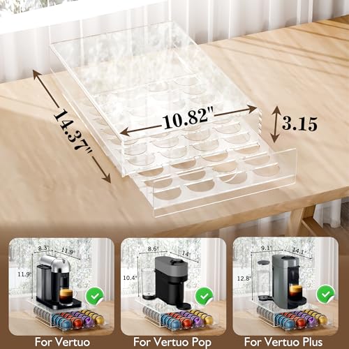 Acrylic Coffee Pod Organizer for Nespresso Vertuo Pod Holder 40 Pods Clear Vertuo Pod Storage Drawer (Clear)