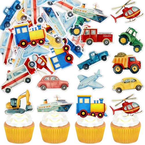 48Pcs Edible Transportation Cupcake Toppers Edible Cute Airplane Train Vehicle Boat Tractor Cupcake Picks for Transportation Theme Baby Shower Kids Birthday Party Decorations (Transportation)