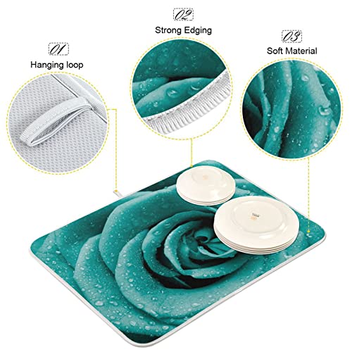 Super Absorbent Dish Drying Mat (Hipster Turquoise Rose Petals / 16" x 18")