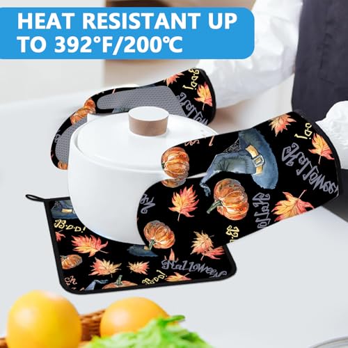Halloween Pumpkin Autumn Maple Leave Oven Mitts and Pot Holders Sets Heat Resistant 4Pcs Potholders Oven Gloves Hot Pads for Kitchen Baking Cooking Grilling BBQ (Halloween Pumpkin Autumn Maple Leave)